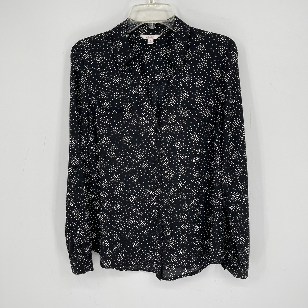 Candie's Women's Black White Micro Polka Dot Button Front Top Blouse Size M